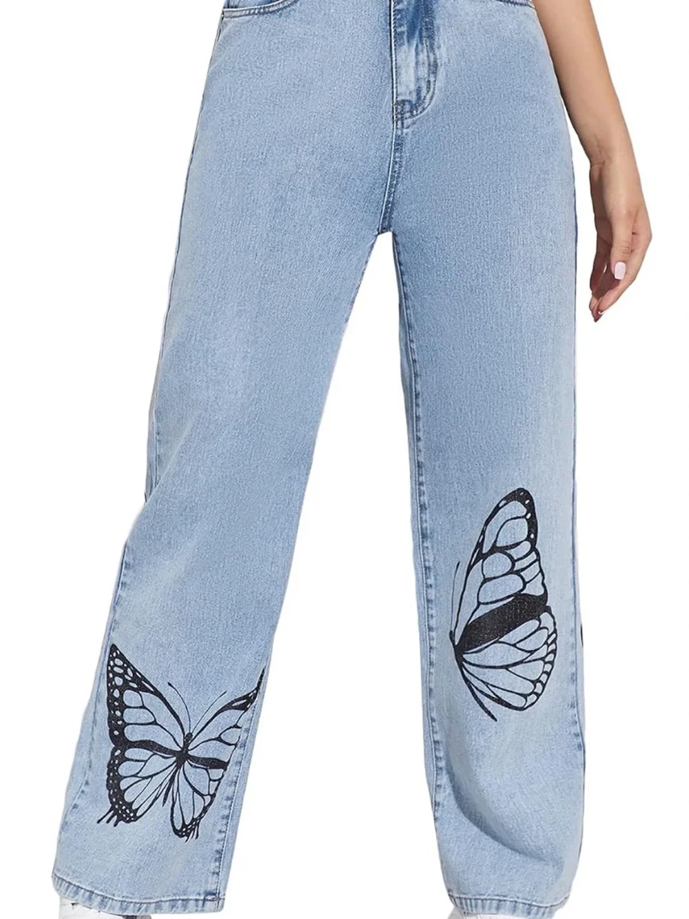 Butterfly Print Light Wash Wide Leg Jeans - Unbranded